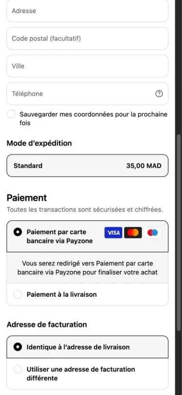 Formulaire de commande Shopify réel avec adresse, livraison et option paiement à la livraison