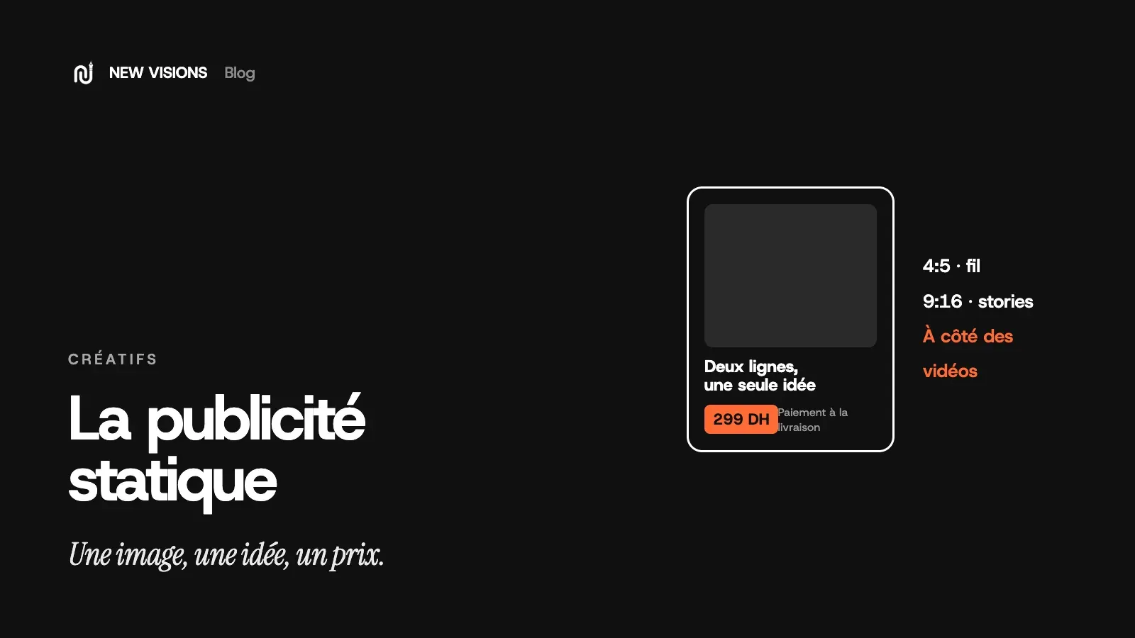 Couverture : publicité statique, une image produit avec prix et livraison à côté d’une vidéo