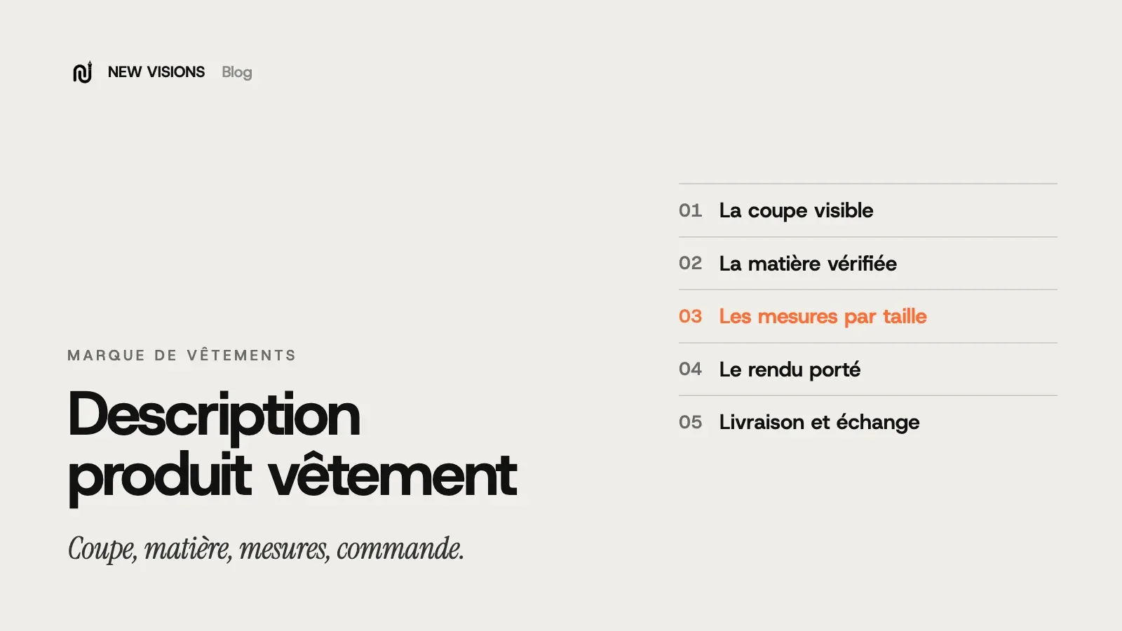 Couverture : description produit vêtement, les cinq informations à donner, de la coupe visible à la livraison